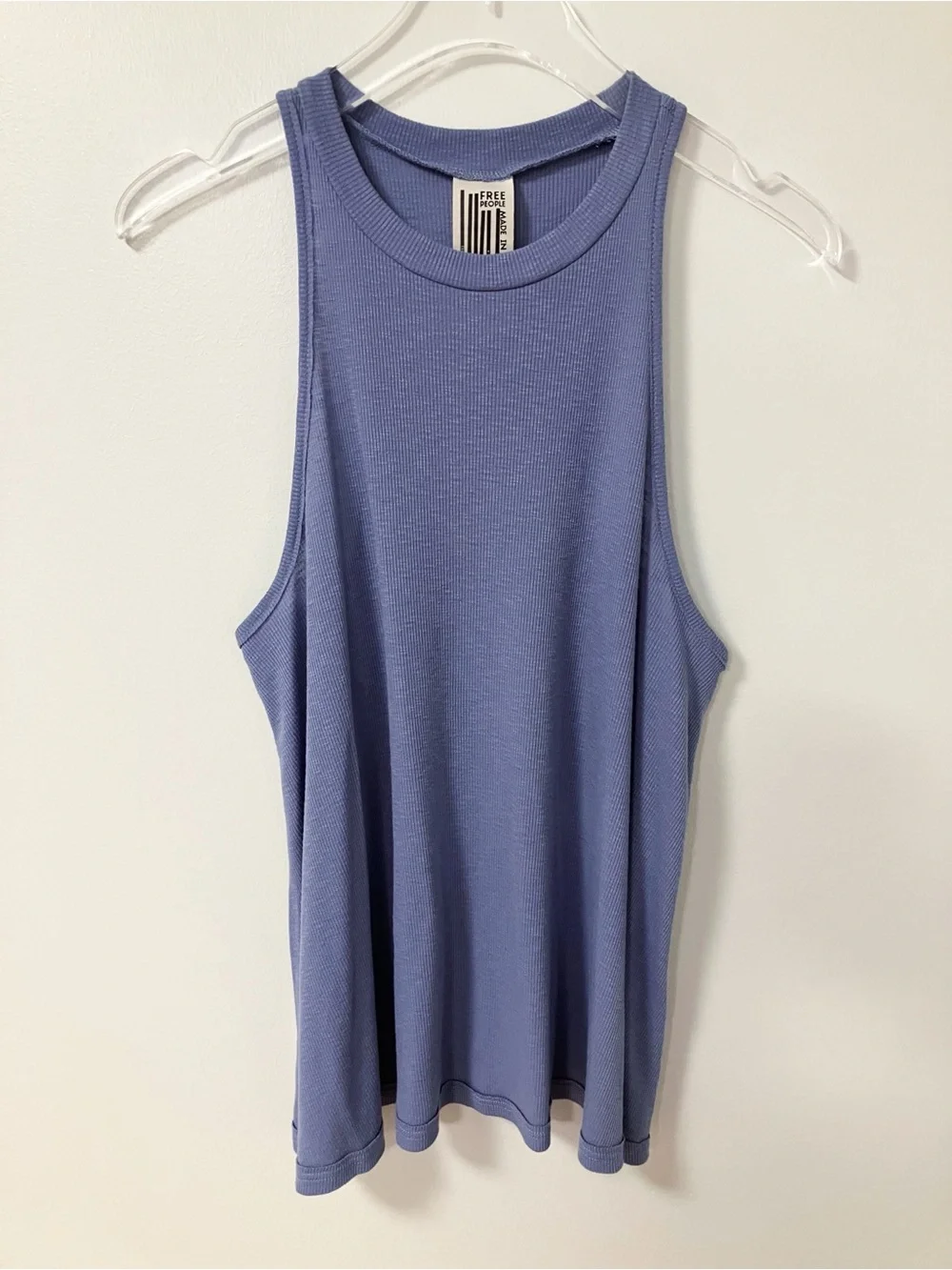 Free People | Blue Distressed Ribbed Tank Top L Boho Minimalist Neutral Staple